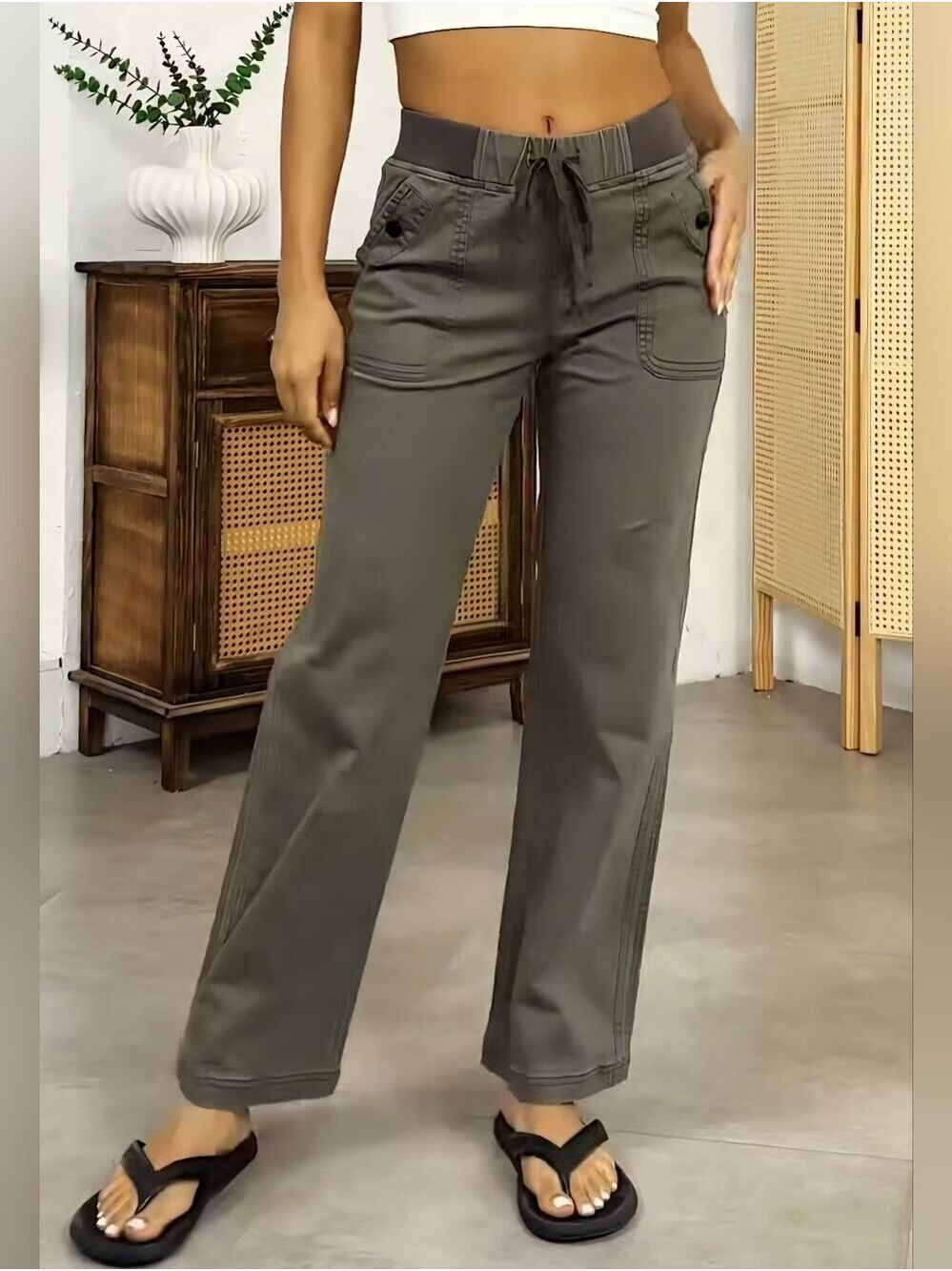 Flamingals Gray Seam Detail Drawstring Mid Rise Straight Leg Pants Small NWT